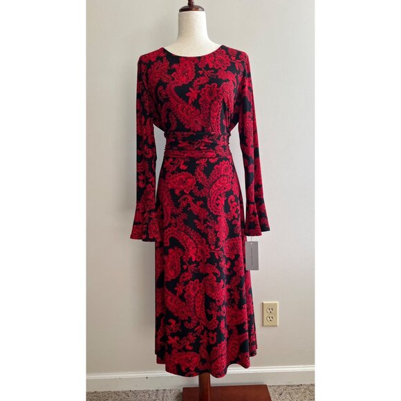 Marc New York Fit and Flare Midi Dress Womens 12 Red Floral Bell Sleeve Flowy - Picture 1 of 7